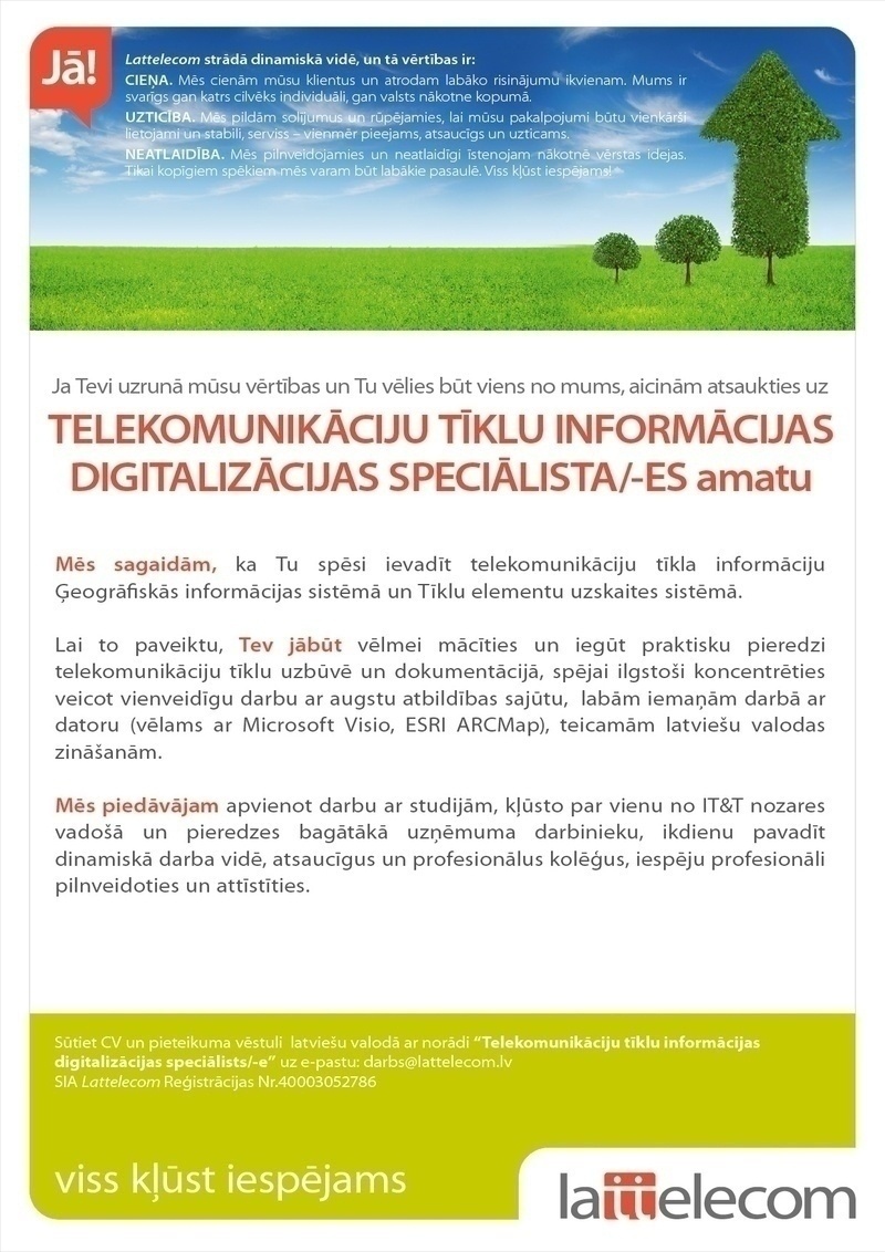 Lattelecom, SIA Telekomunikāciju tīklu informācijas digitalizācijas speciālists/-e