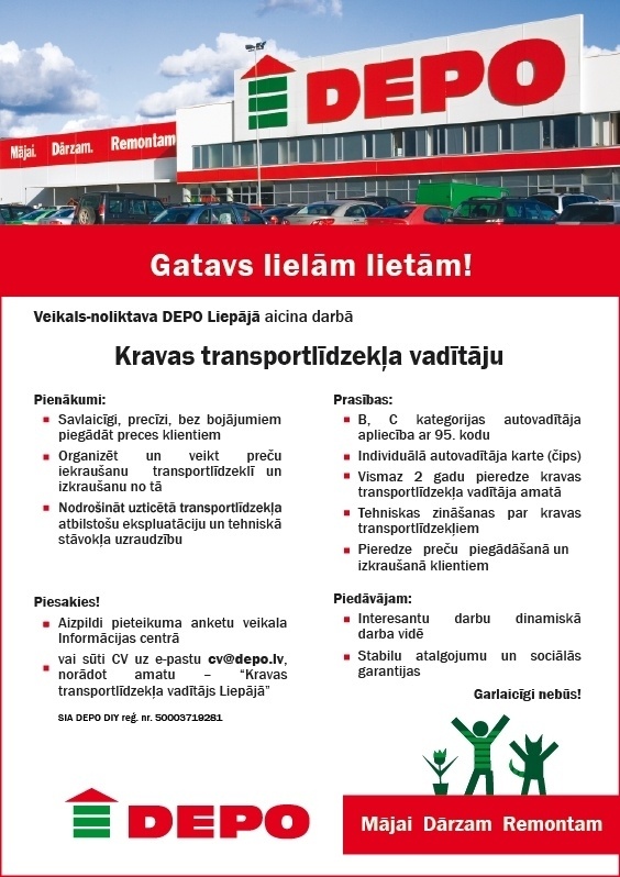 Depo Diy, SIA Kravas transporta līdzekļa vadītājs/-a Liepājā
