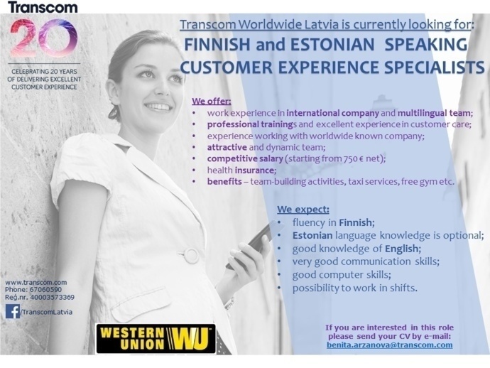 Transcom Worldwide Latvia, SIA Finnish and Estonian speaking Customer service representative