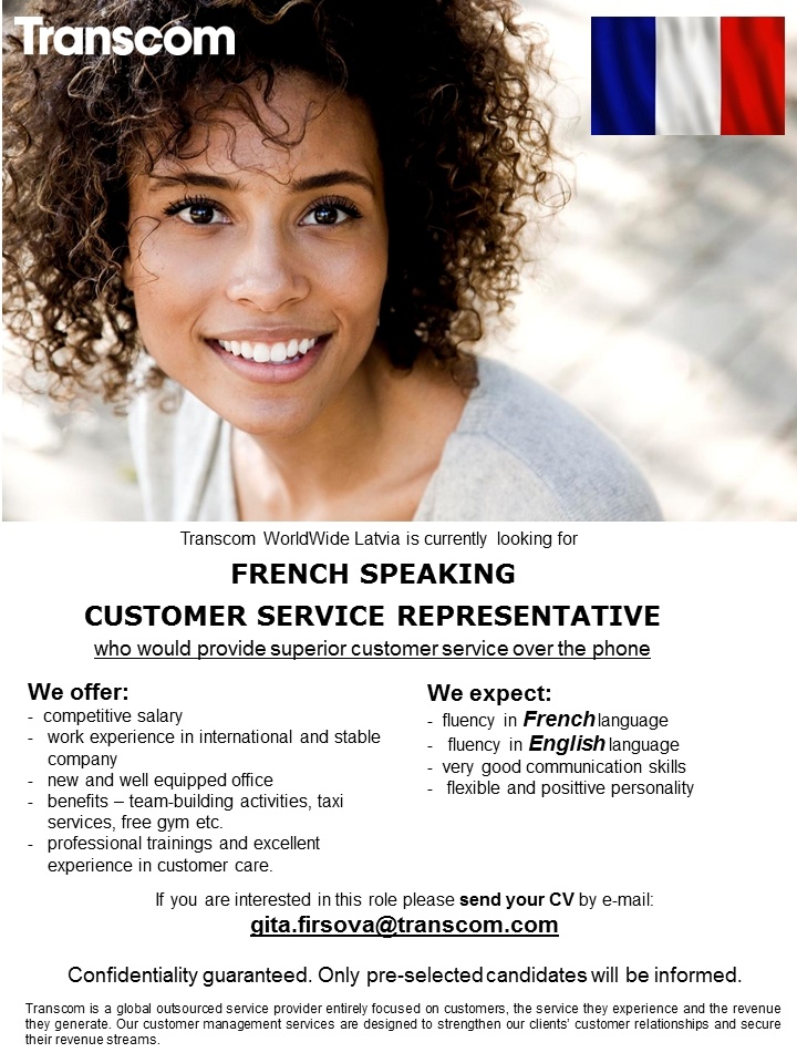 Transcom Worldwide Latvia, SIA Klientu apkalpošanas speciālists ar franču valodas zināšanām