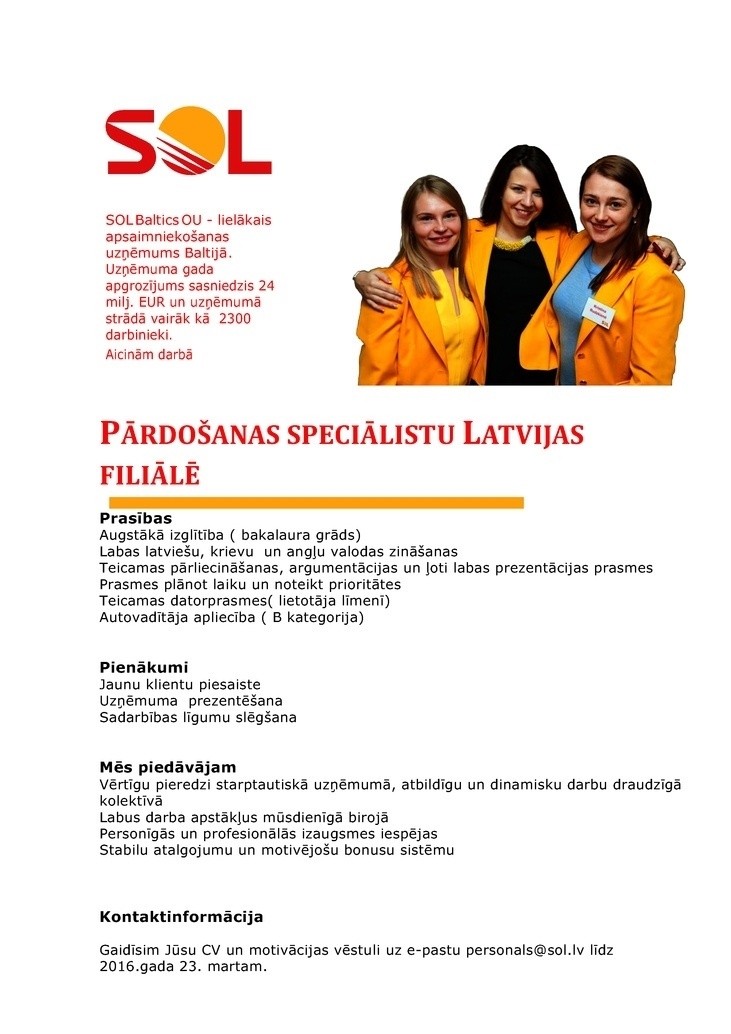 SOL Baltics OU Latvijas Filiāle Pārdošanas speciālists/-e