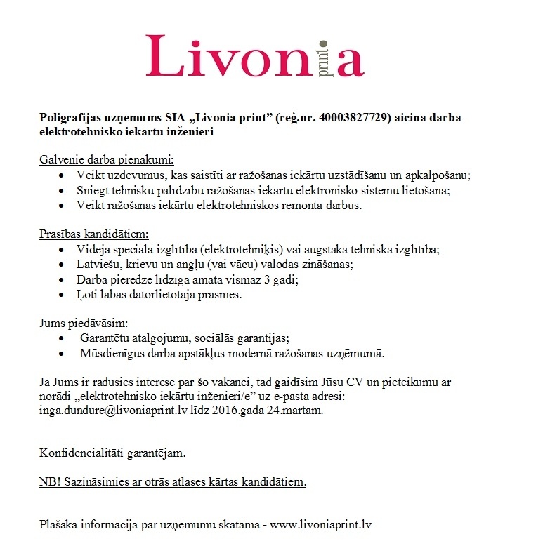 Livonia Print, SIA Elektrotehnisko iekārtu inženieris/-e