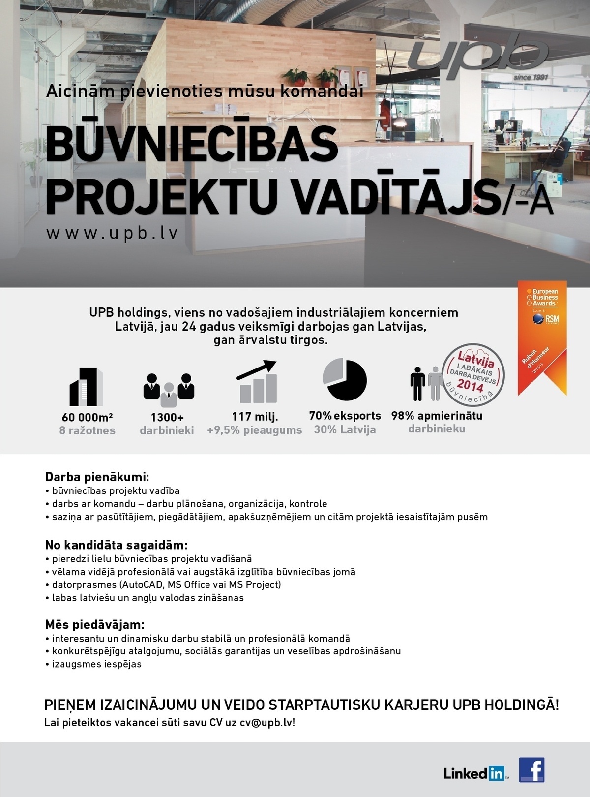 UPB, AS Būvniecības projektu vadītājs/ -a (projektiem Latvijā)