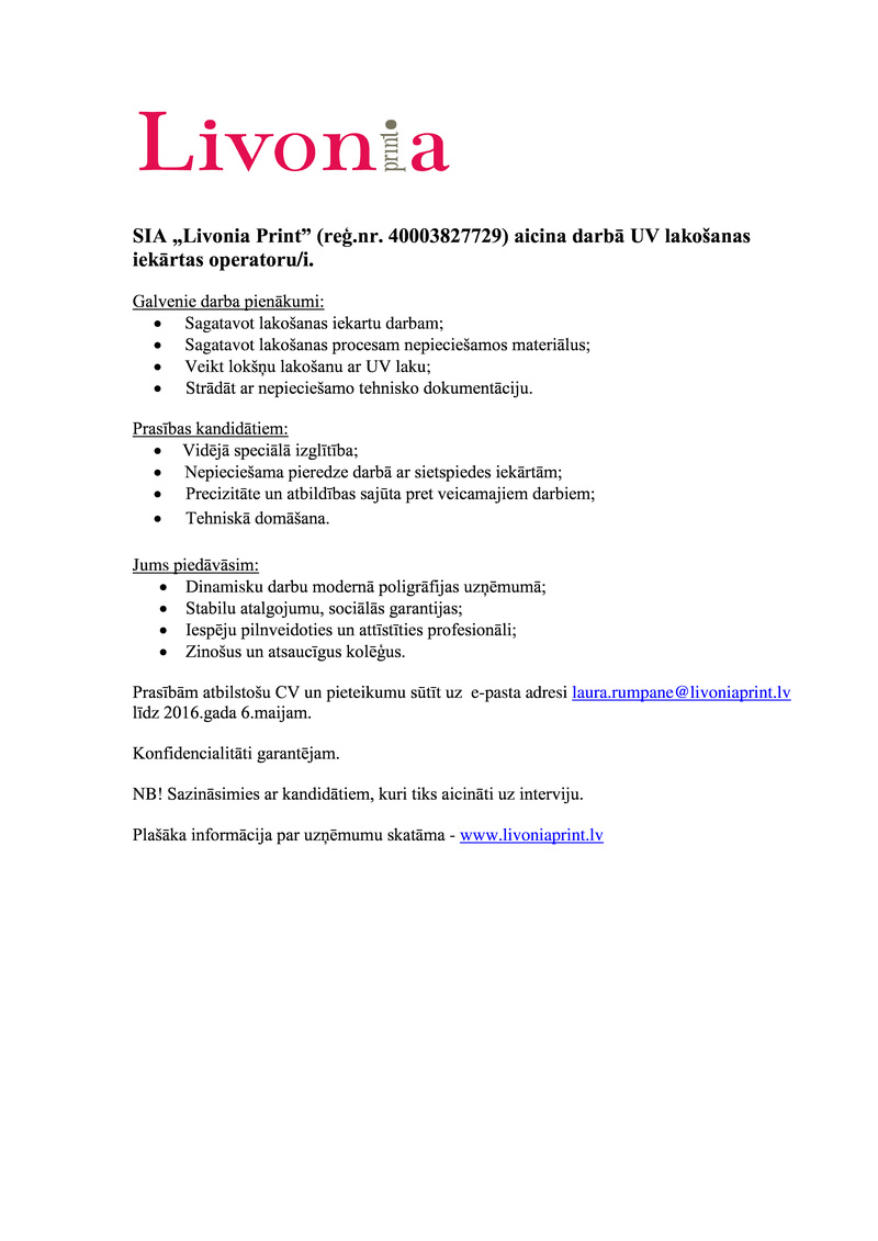 Livonia Print, SIA UV lakošanas iekārtas operators/-e