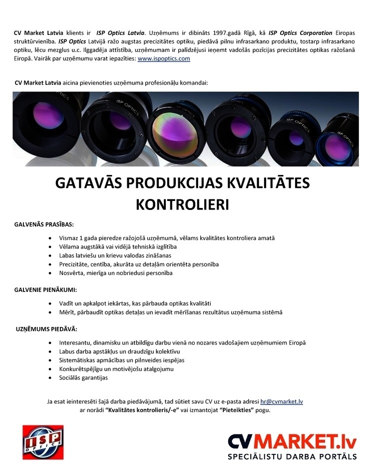 ISP Optics Latvia Gatavās produkcijas kvalitātes kontrolieris/-e