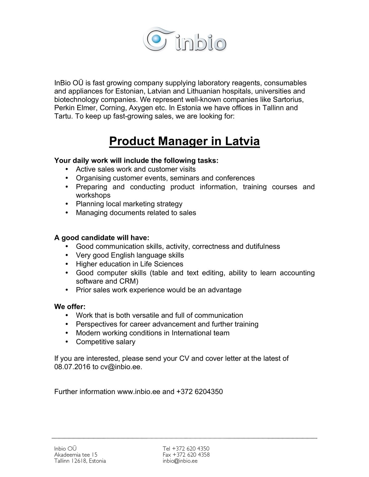 Inbio OÜ Product Manager in Latvia