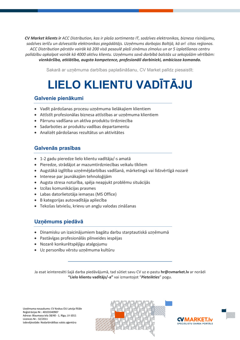 ACC Distribution Latvia Lielo klientu vadītājs/ -a