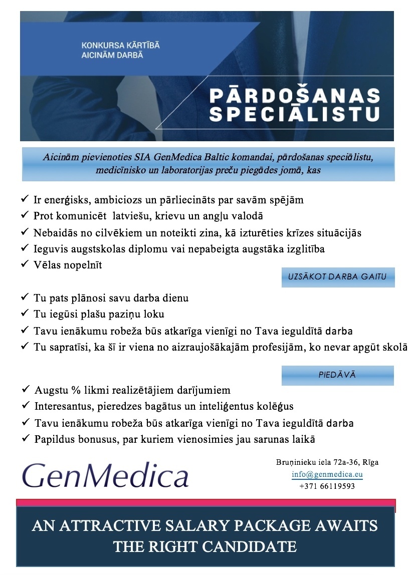 GenMedica Baltic, SIA Pārdošanas speciālists/-e, medicīnisko un laboratorijas preču piegādes jomā