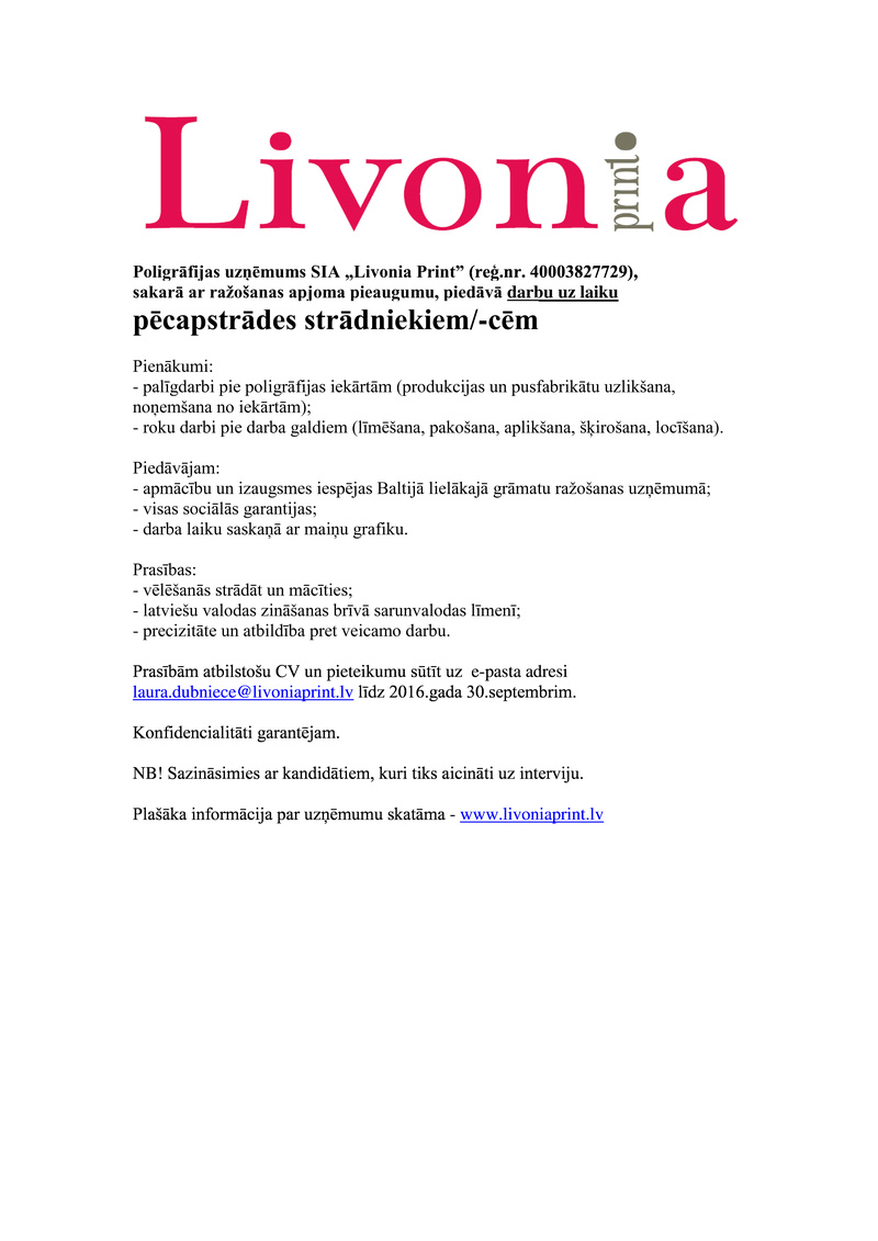 Livonia Print, SIA Pēcapstrādes strādnieks/-ce