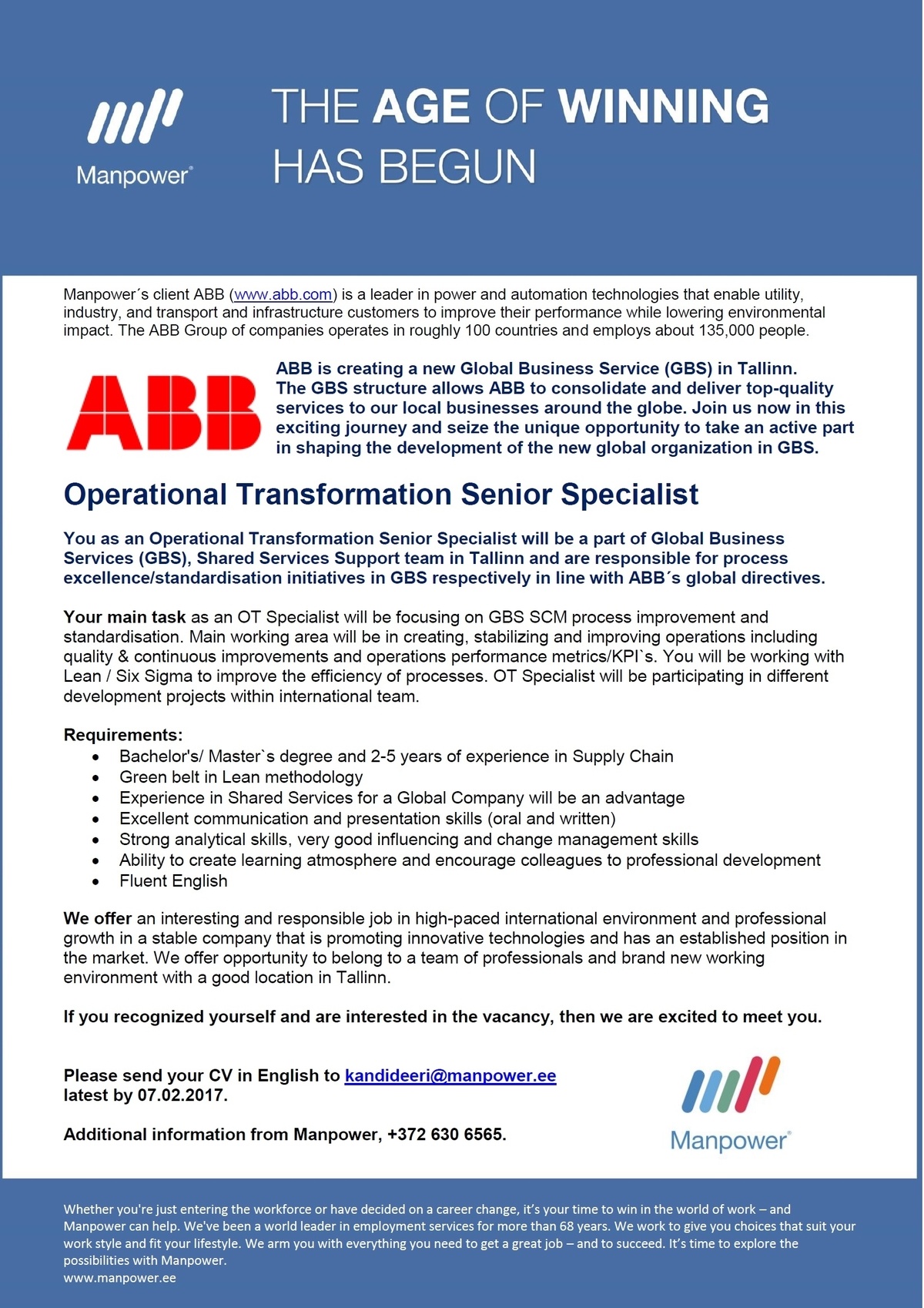 Manpower OÜ Operational Transformation Senior Specialist