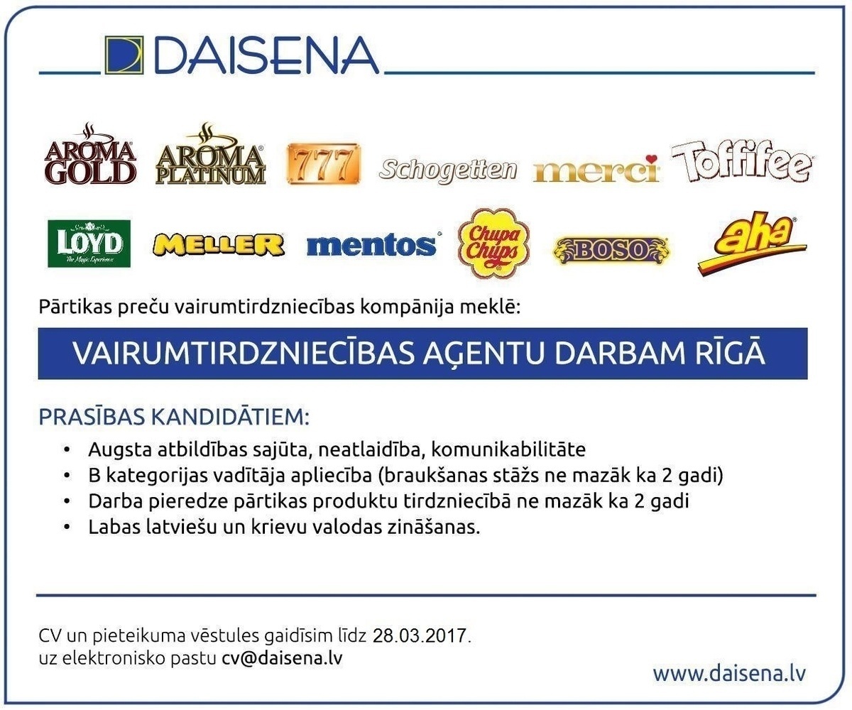 Daisena Latvia, SIA Vairumtirdzniecības aģents/-e darbam Rīgā
