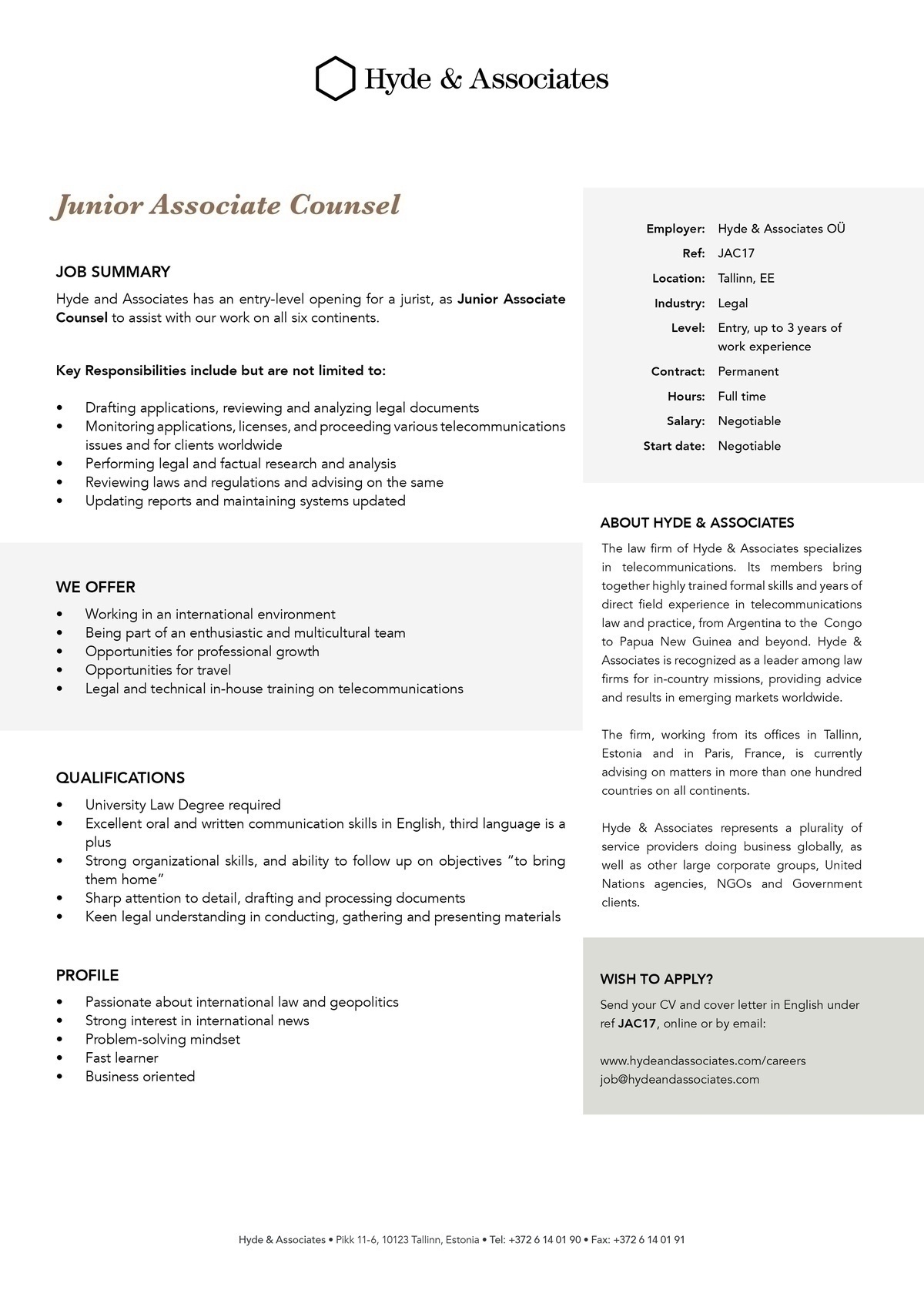Hyde & Associates, OU Junior Associate Counsel