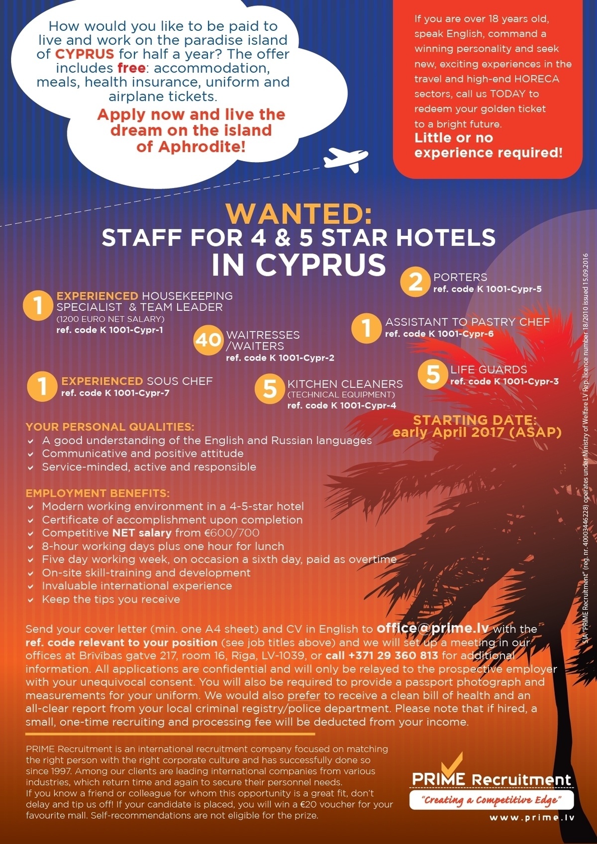 PRIME recruitment, SIA Staff for 4 & 5 stars hotels in CYPRUS