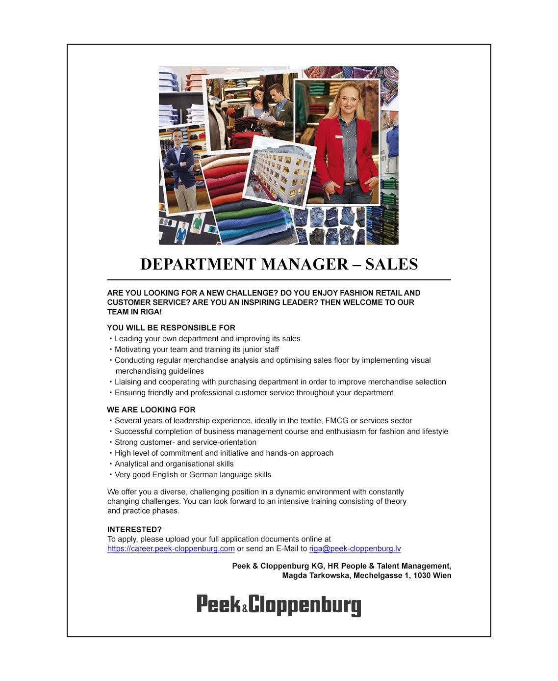 Peek & Cloppenburg, SIA Department Manager - Sales