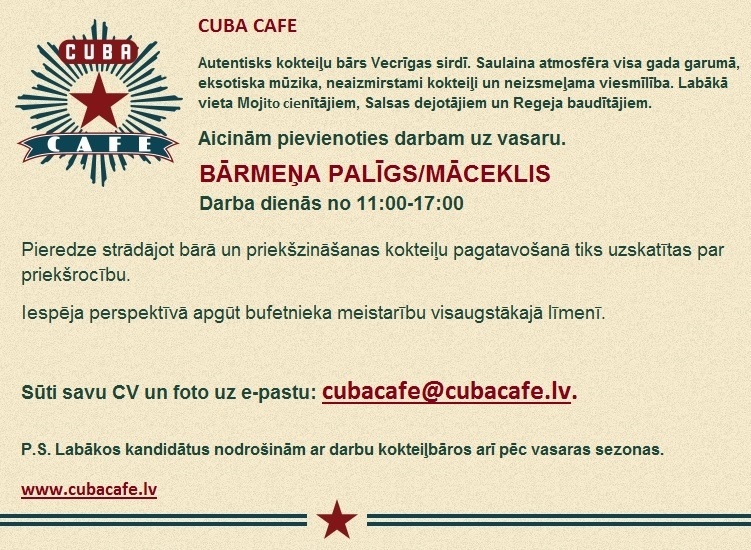 Cuba Cafe Bārmenis/bārmeņa palīgs/-dze (sezonas darbs)