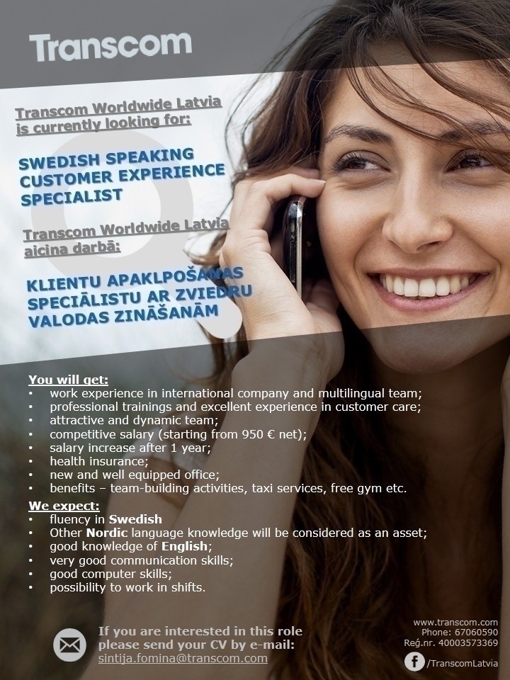 Transcom Worldwide Latvia, SIA Klientu apkalpošanas speciālists/-e