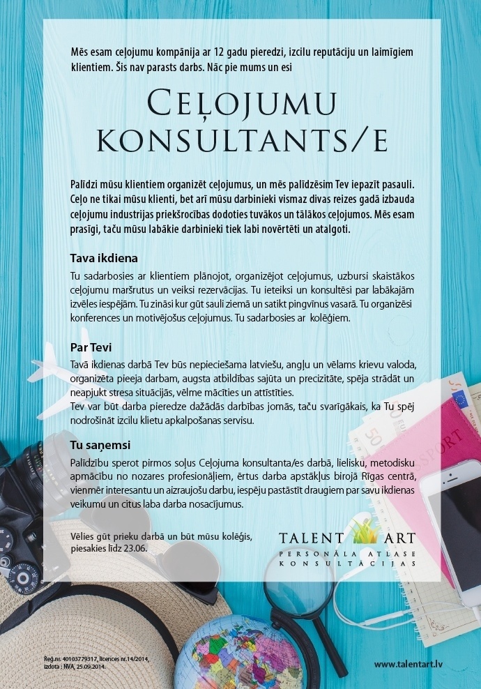 Talent Art, SIA Ceļojumu konsultants/-e