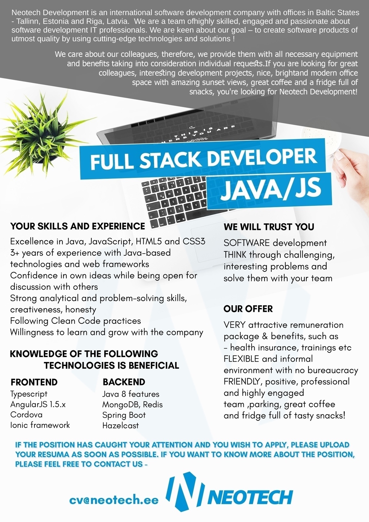 Neotech Development, SIA Full Stack Developer - Java/JS