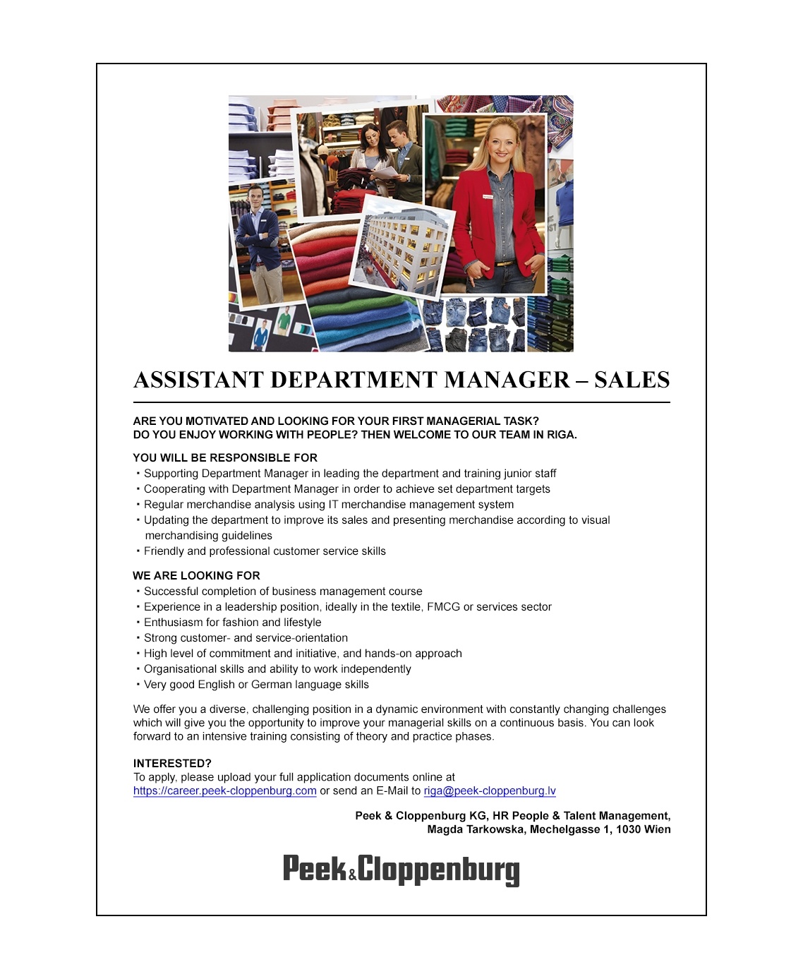Peek & Cloppenburg, SIA Assistant Department Manager - Sales