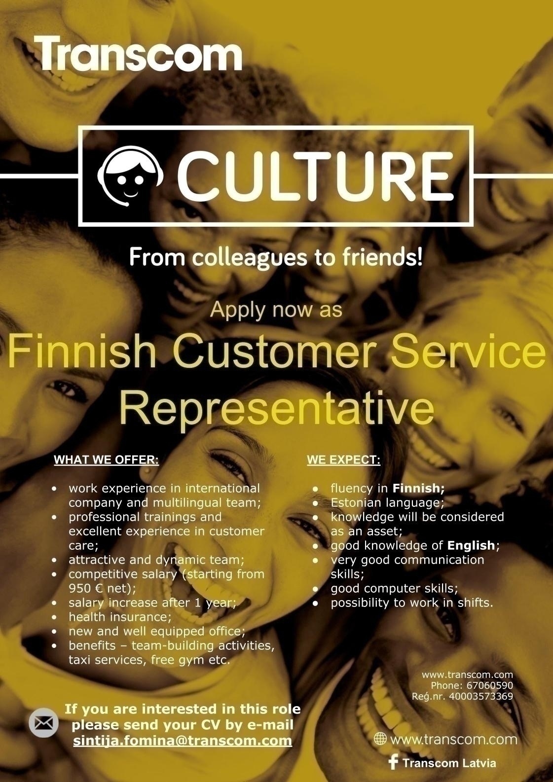 Transcom Worldwide Latvia, SIA Finnish Speaking Customer Specialist 