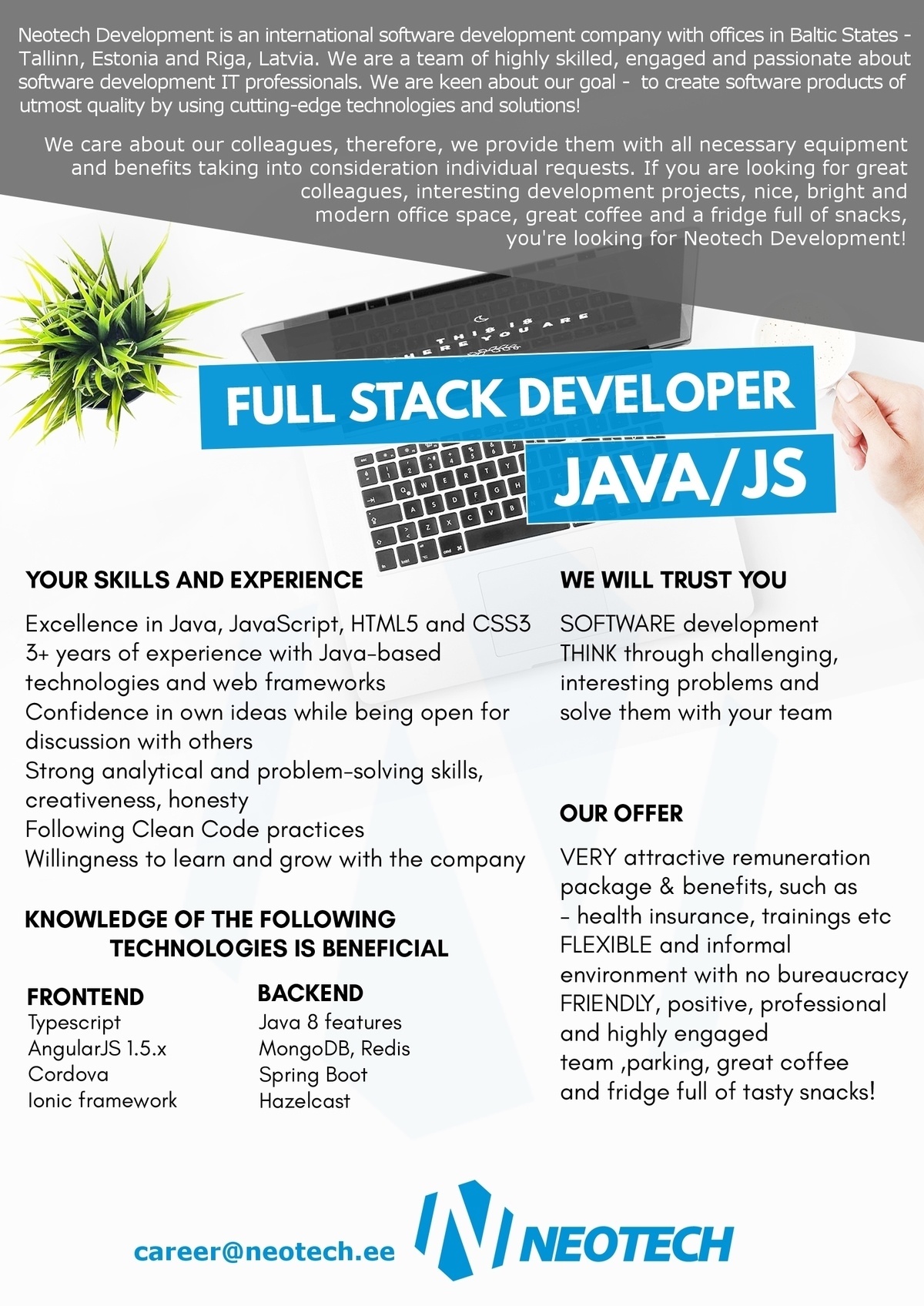 Neotech Development, SIA Full Stack Developer - Java/JS