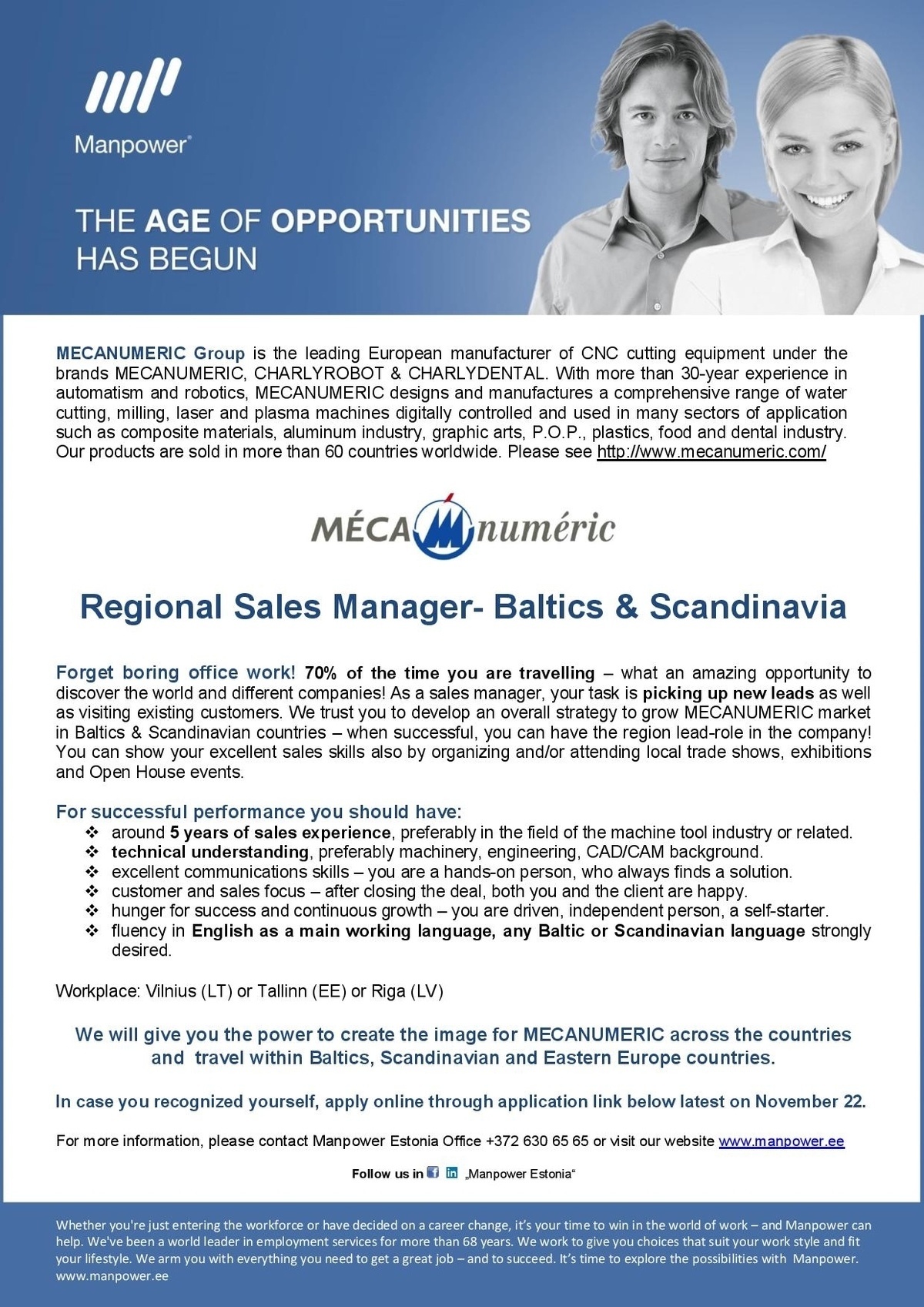 Manpower OÜ Regional Sales Manager- Baltics & Scandinavia