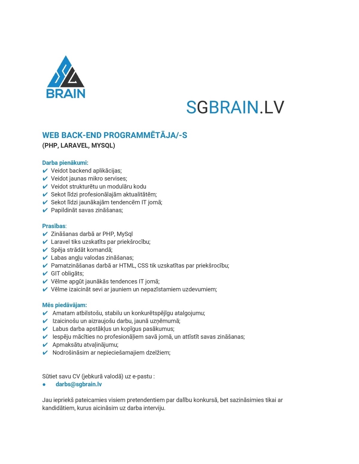 SGbrain, SIA Web back-end programmētājs/-a