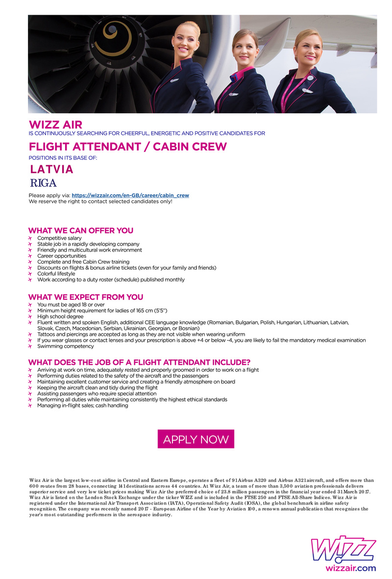 WIZZ AIR Flight Attendant / Cabin Crew Based in Latvia, Riga