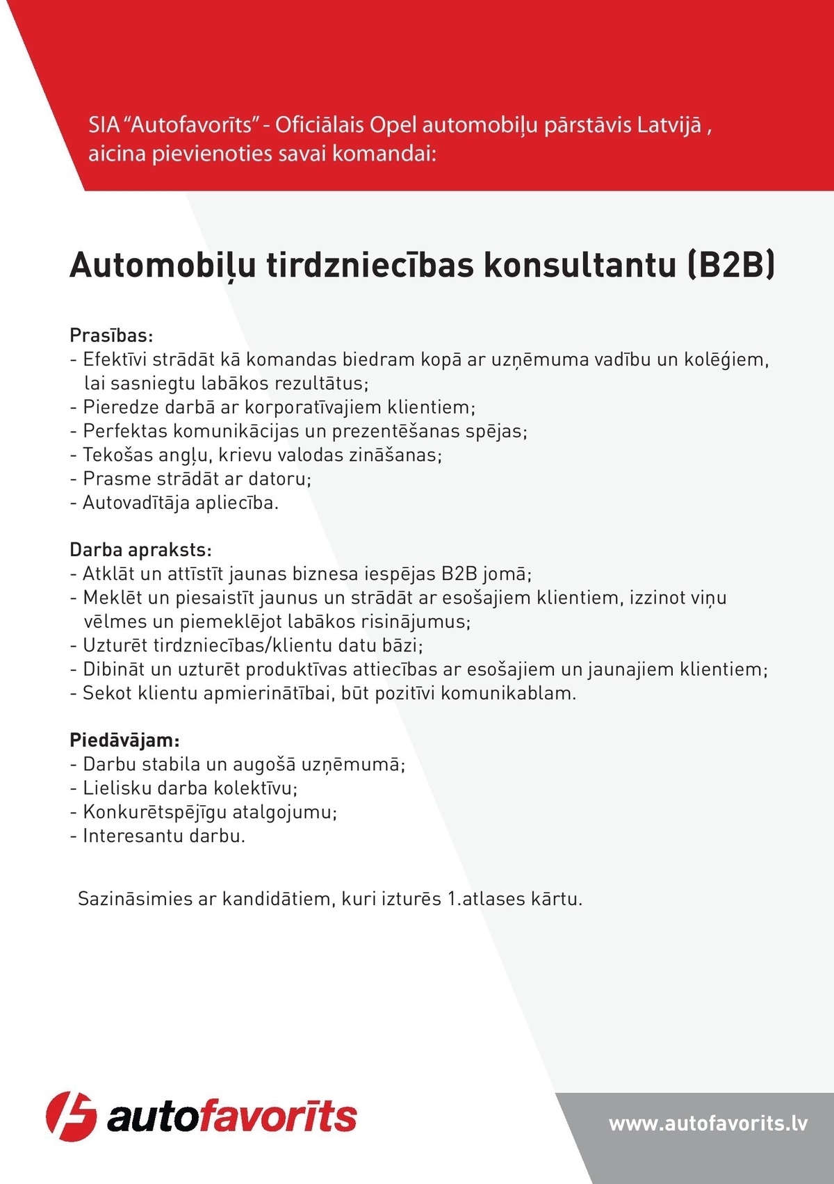 Autofavorīts, SIA Automobiļu tirdzniecības konsultants/-e (B2B)