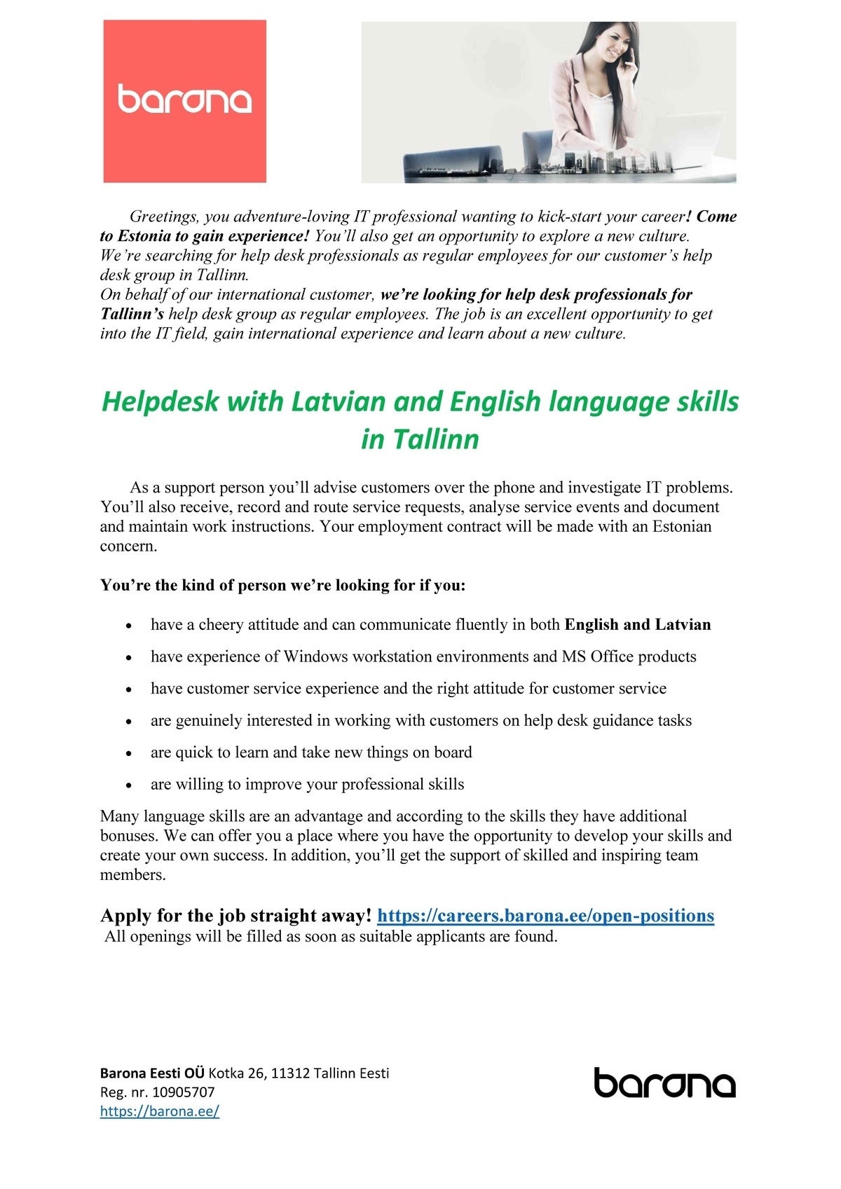 Barona Eesti OÜ Helpdesk with Latvian and English language skills in Tallinn