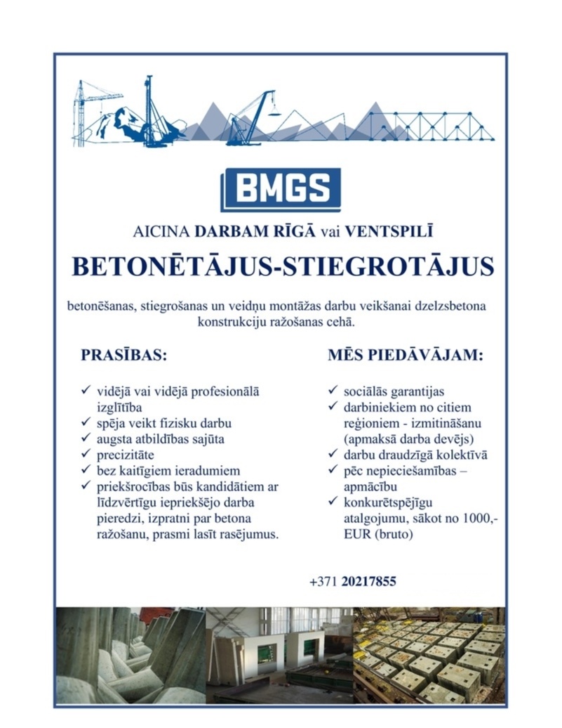 BMGS a/s Betonetājs-stiegrotājs/-a Rīgā vai Ventspilī