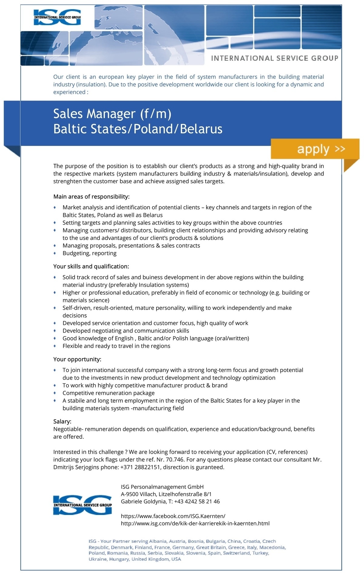 CV Market client Sales manager (f/m) Baltic States/Poland/Belarus