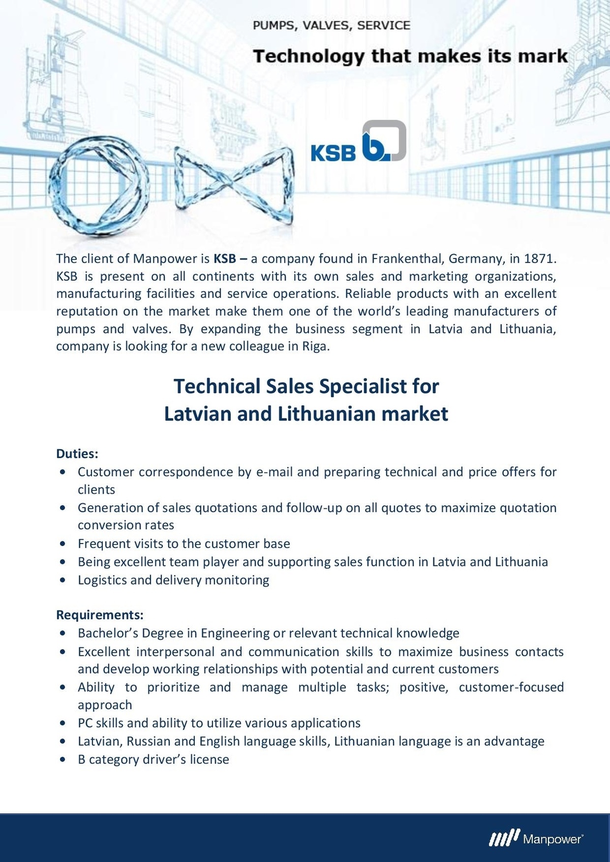 MANPOWER Technical Sales Specialist for  Latvian and Lithuanian market
