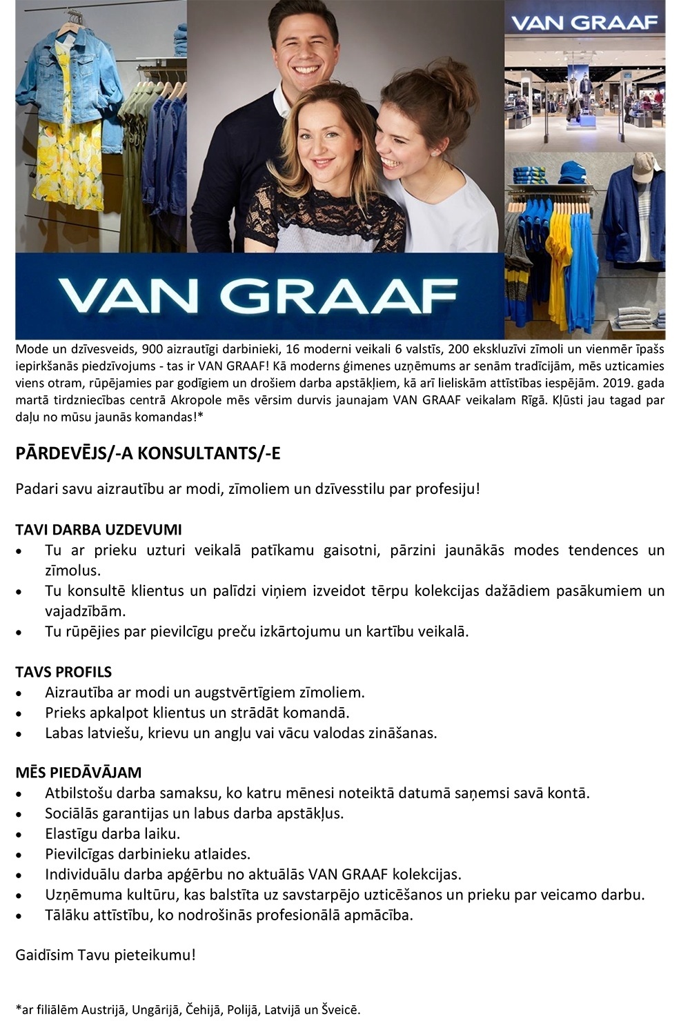 VAN GRAAF Latvia, SIA Pārdevējs/a - konsultants/e