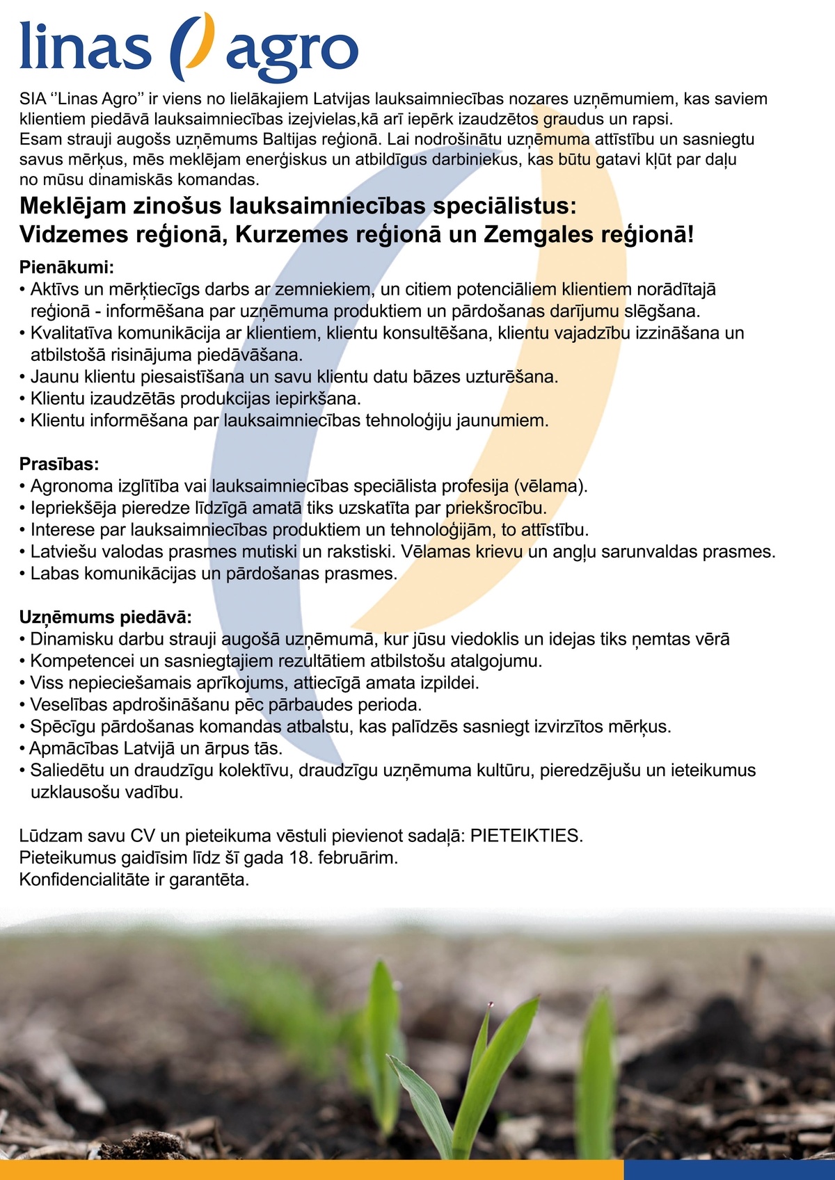 CVMarket.lv klients Lauksaimniecības speciālists/-e Vidzemes, Kurzemes un Zemgales reģionā