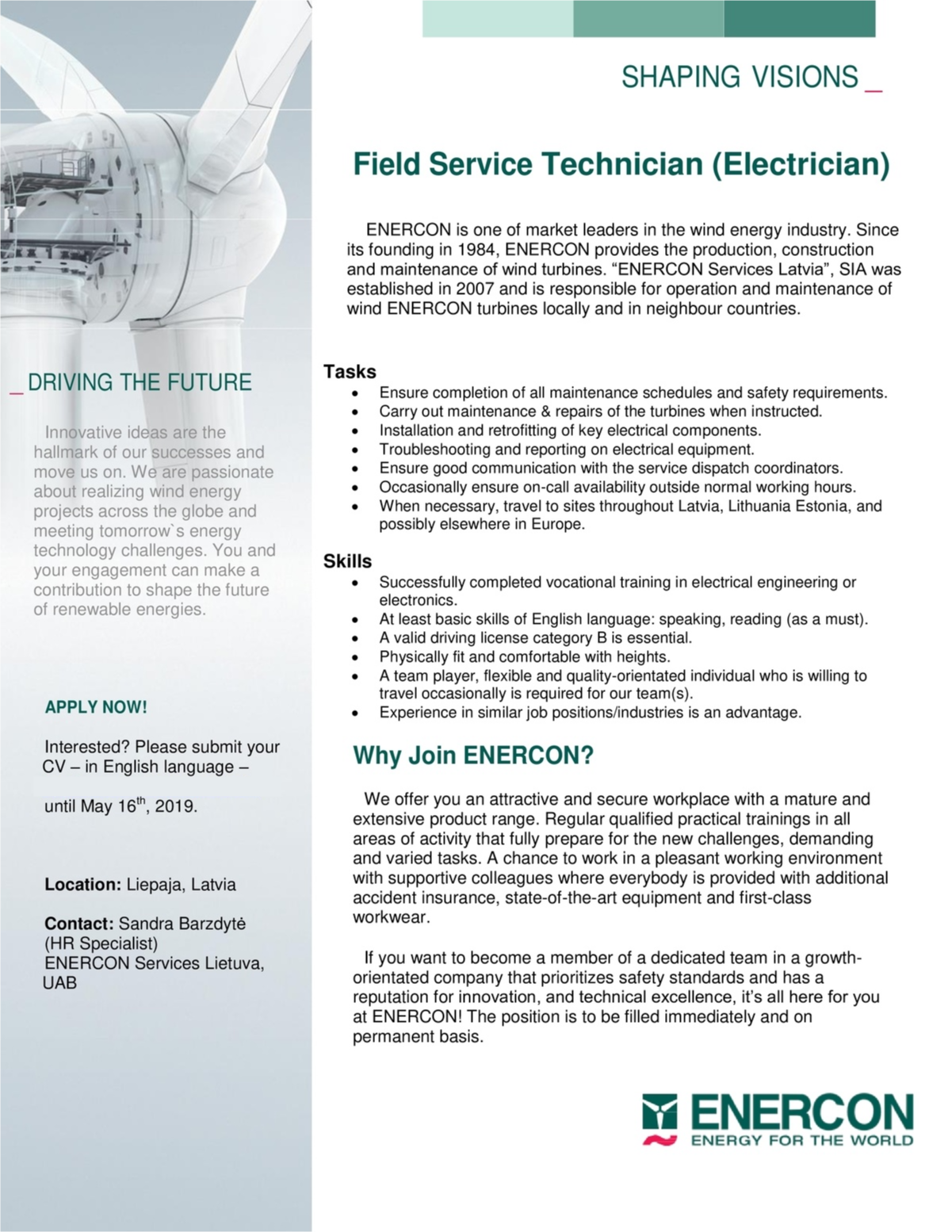 Enercon Services Latvia, SIA Field Service Technician (Electrician)