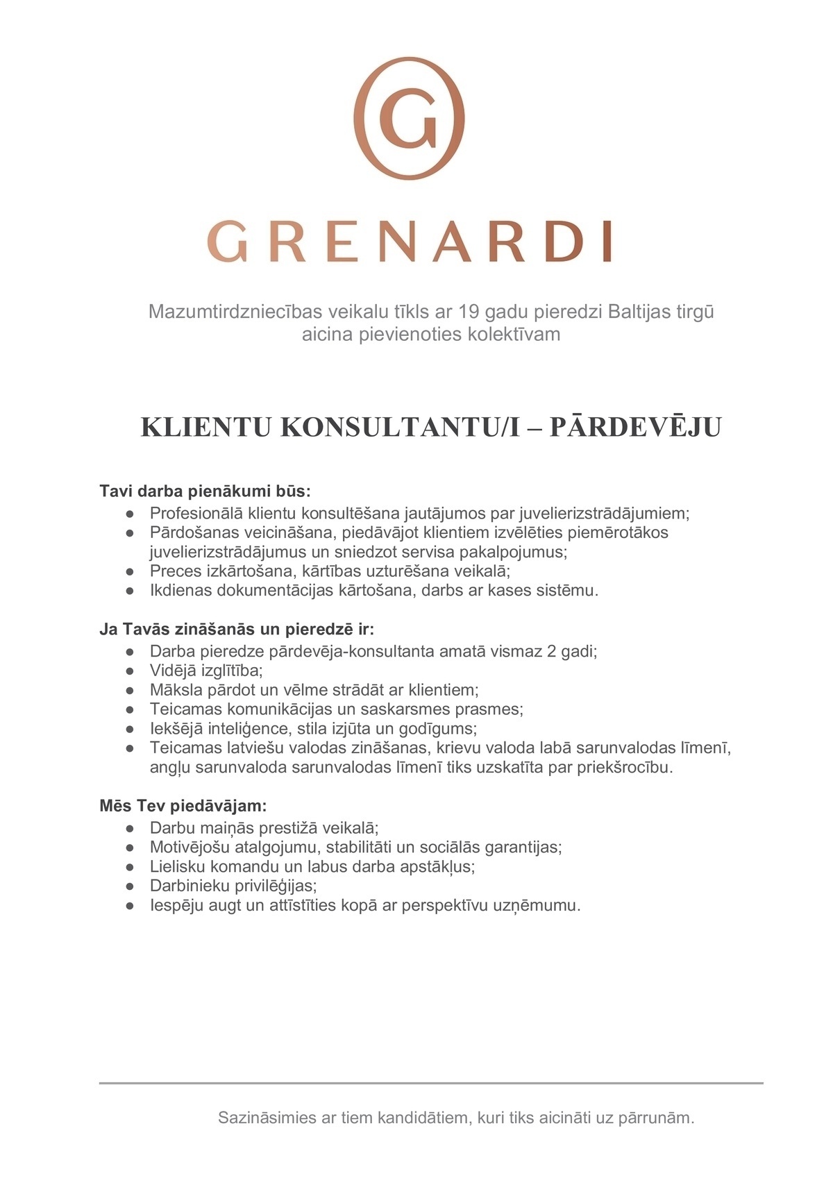 Grenardi, SIA Klientu konsultants/e - pārdevējs/a t/c Galerija Centrs