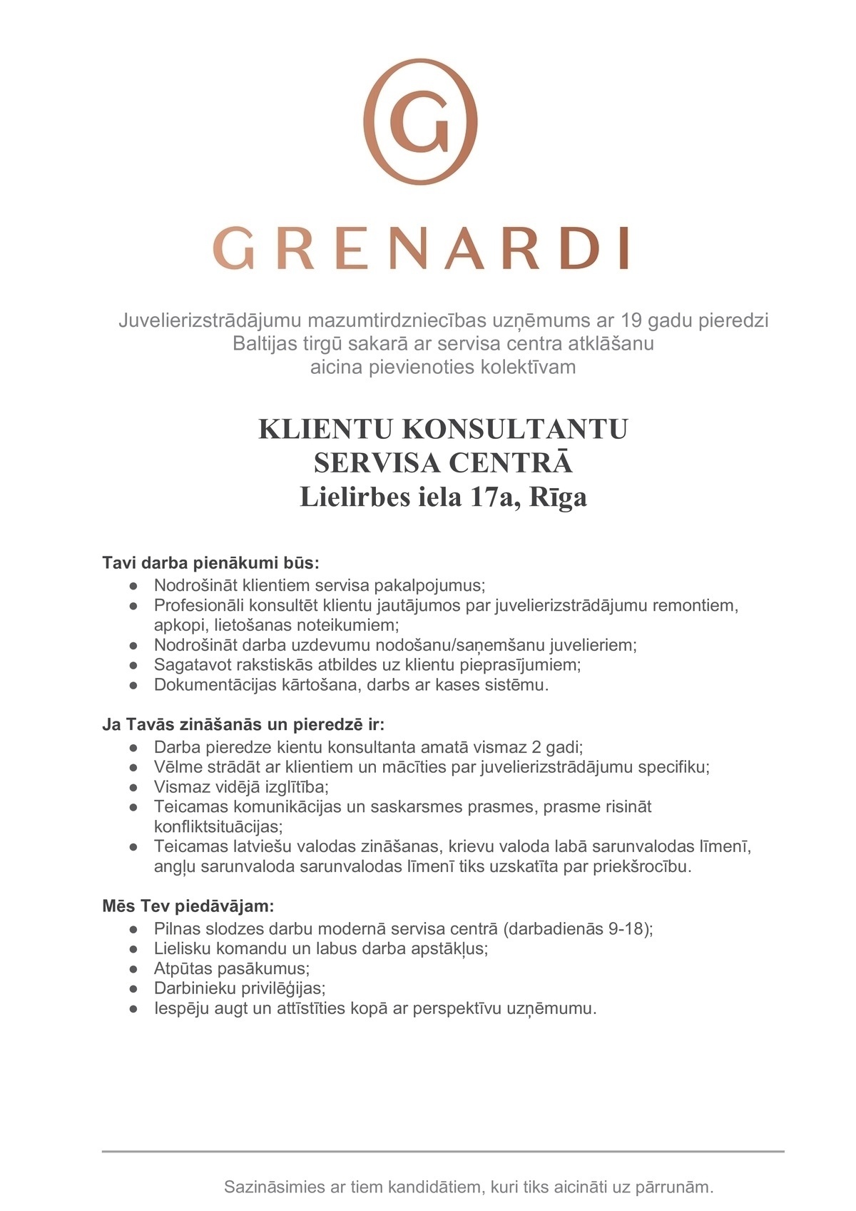 Grenardi, SIA Klientu konsultants/-e servisa centrā