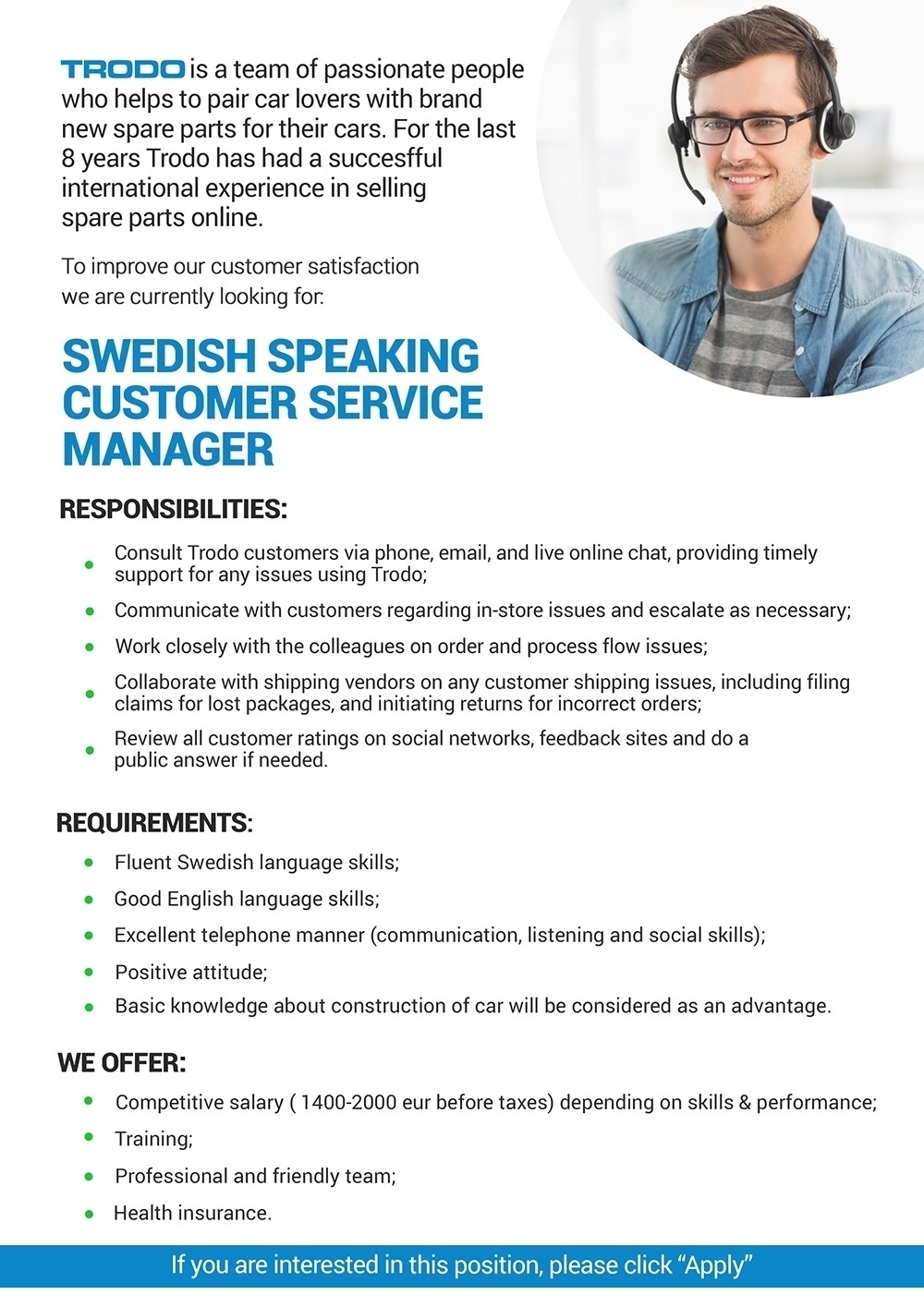 Trodo, SIA Swedish Speaking Customer Service Manager