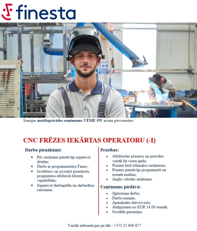 Finesta Latvia, SIA CNC frēzes iekārtas operators/-e 