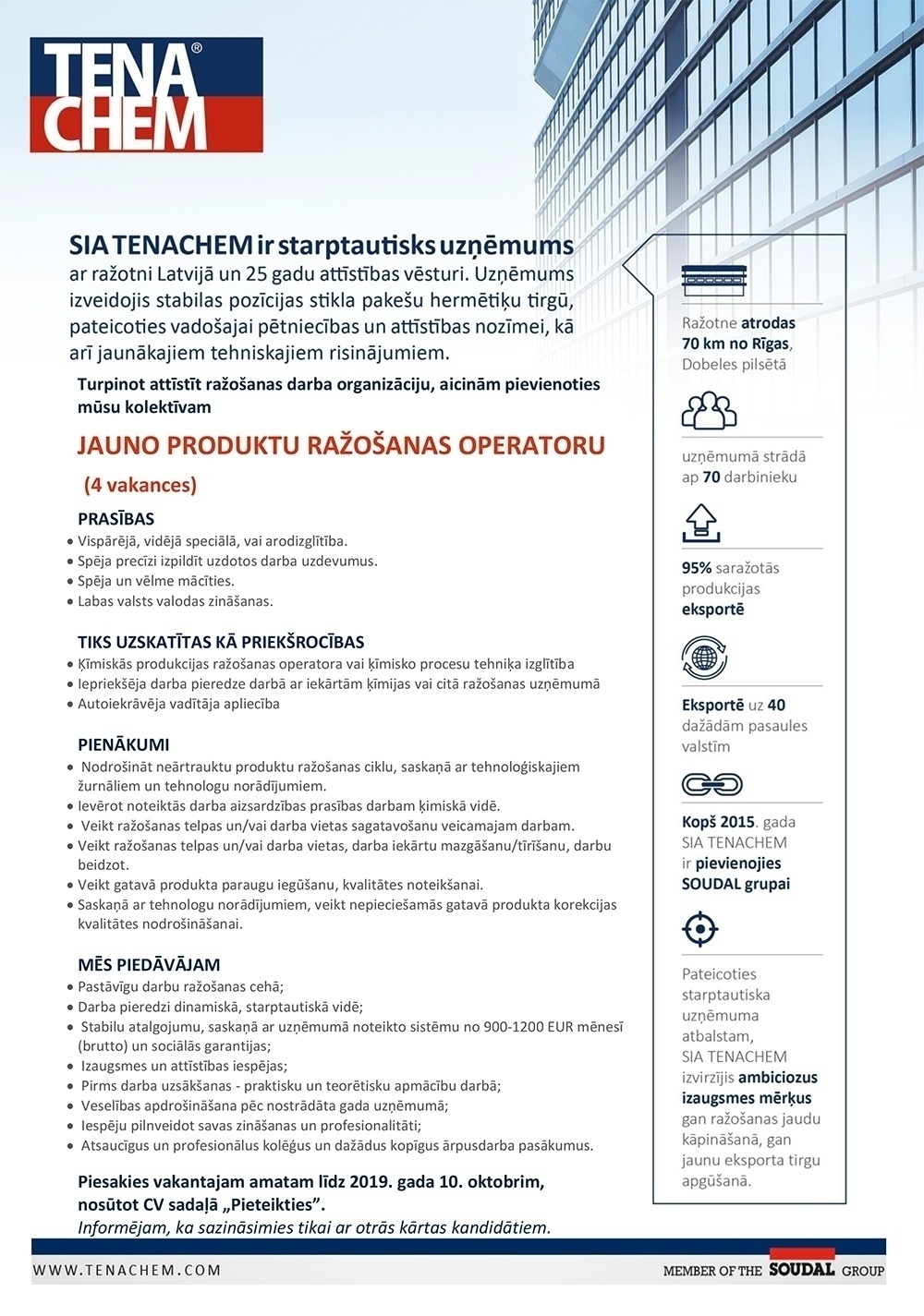 TENACHEM, SIA Jauno produktu ražošanas operators/-e Dobelē (4 vakances)