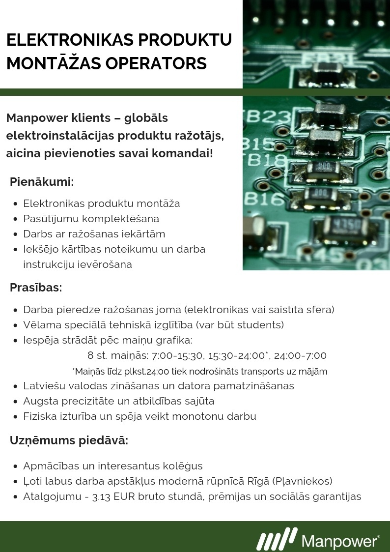MANPOWER Elektronikas produktu montāžas operators/-e