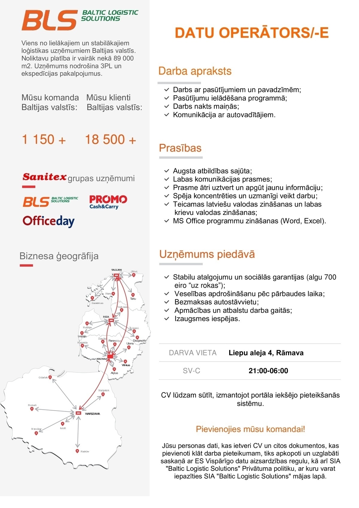 Baltic Logistic Solutions Datu operators/-e nakts maiņā