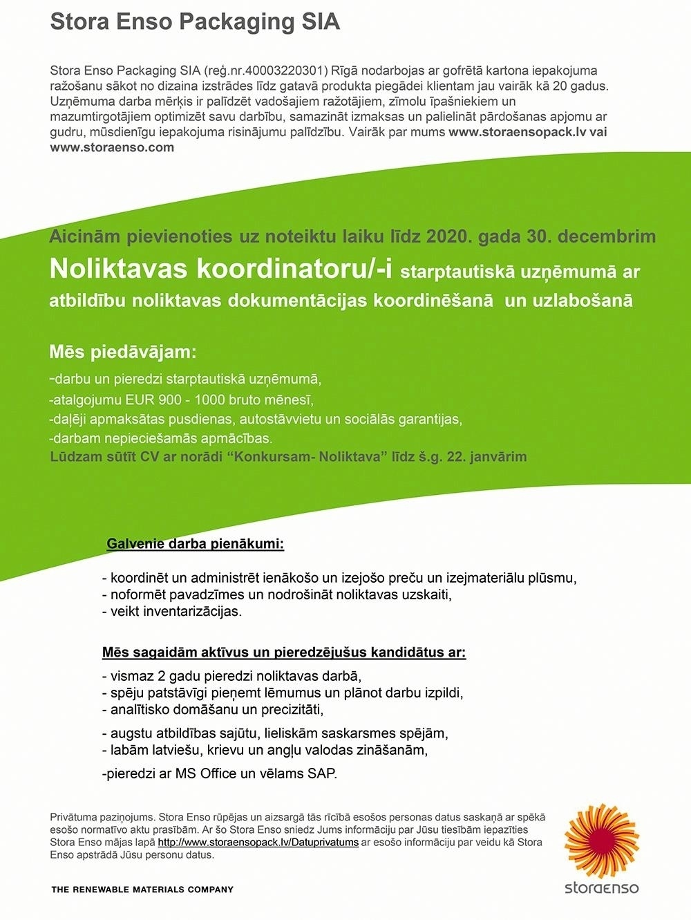 Stora Enso Packaging, SIA Noliktavas koordinators/-e