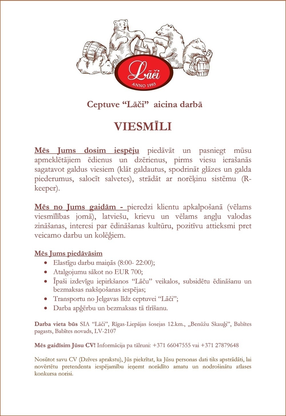 LĀČI, SIA Viesmīlis/-e (transports no Jelgavas)