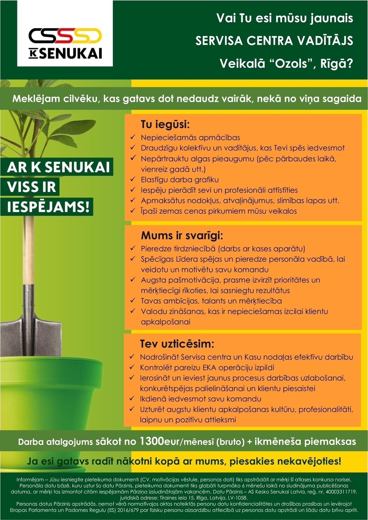 Kesko Senukai Latvia, AS Servisa centra un Kasu nodaļas vadītājs/-a (uz noteiktu laiku)