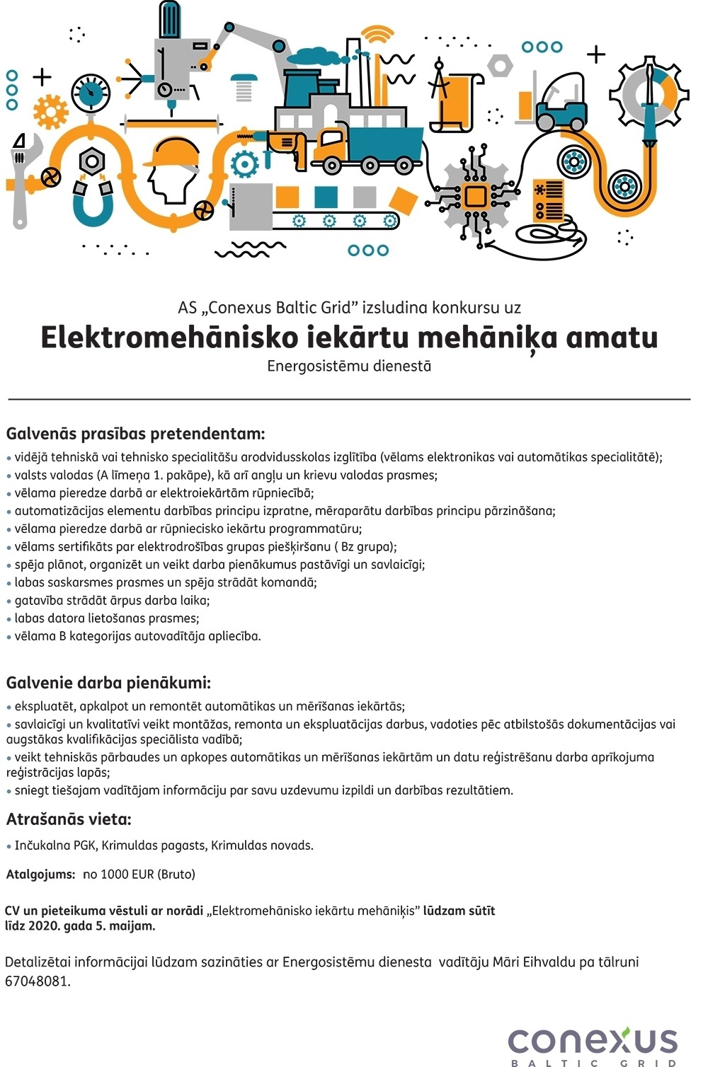 Conexus Baltic Grid, A/S Elektromehānisko iekārtu mehāniķis/-e