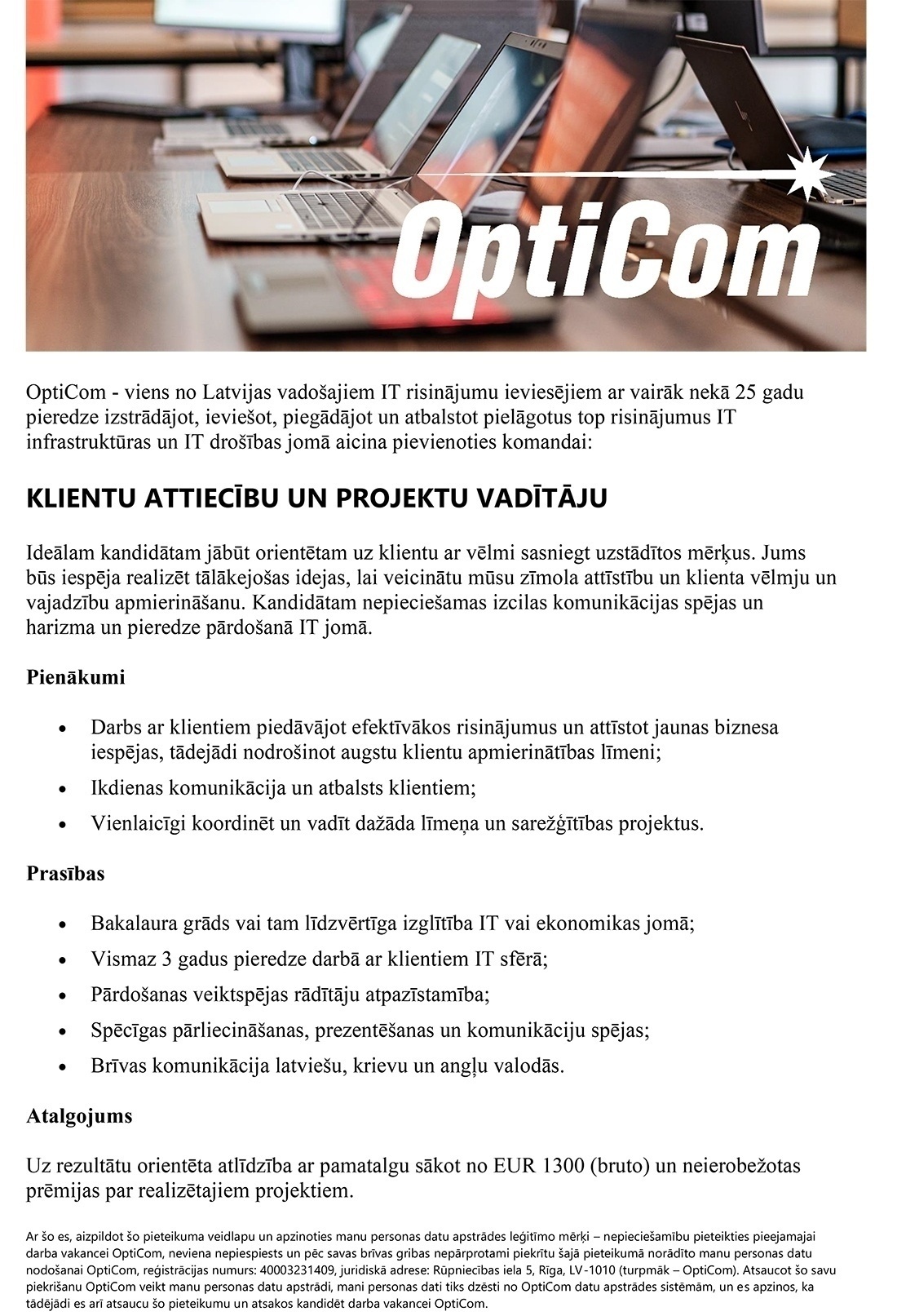 OptiCom, SIA Klientu attiecību un projektu vadītājs/-a