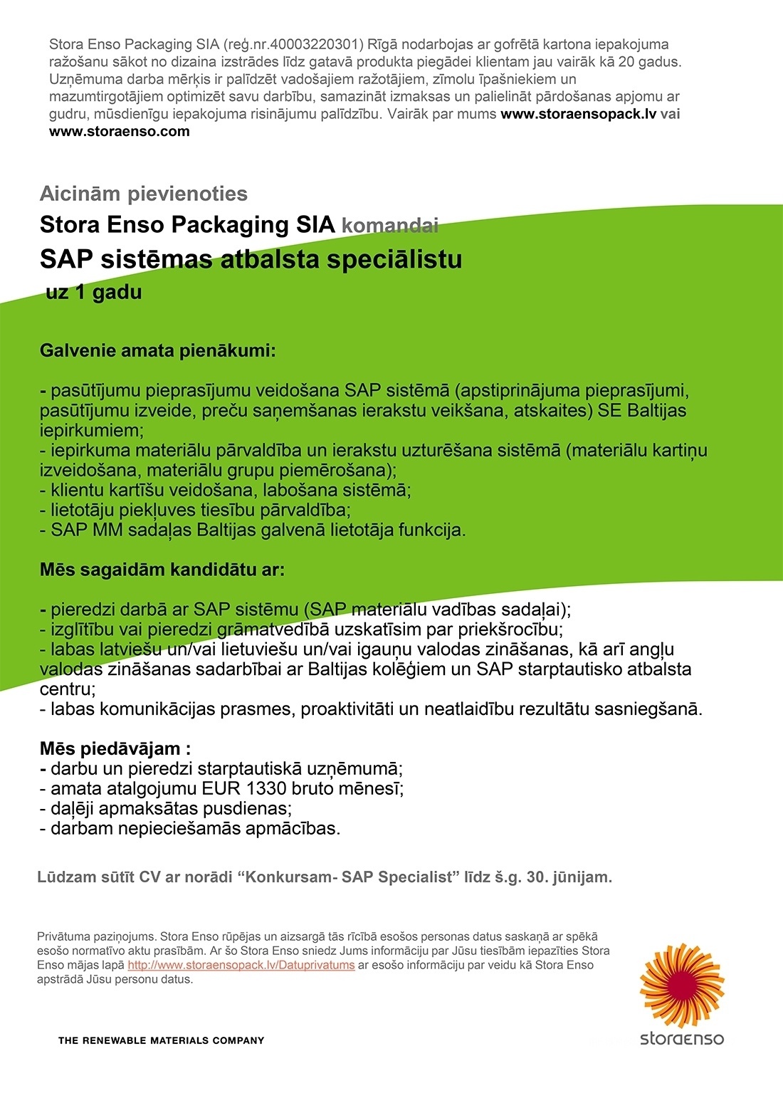 Stora Enso Packaging, SIA SAP sistēmas atbalsta speciālists/-e