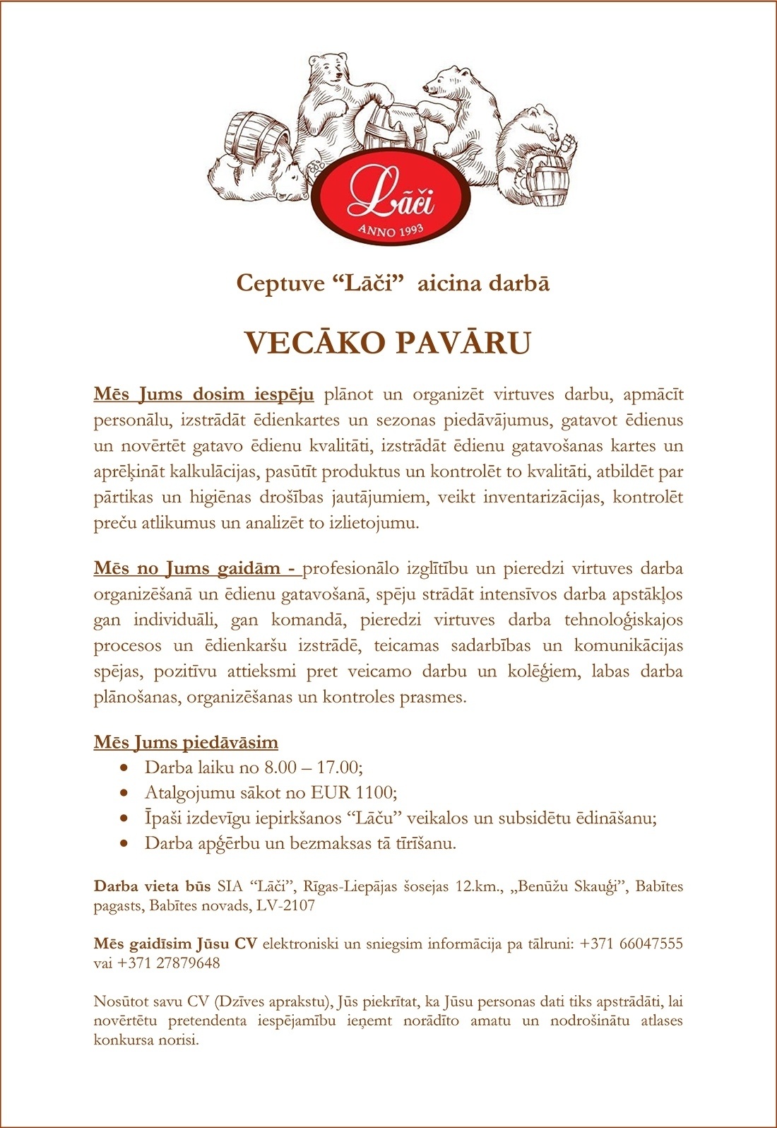 LĀČI, SIA Vecākais/-ā pavārs/-e